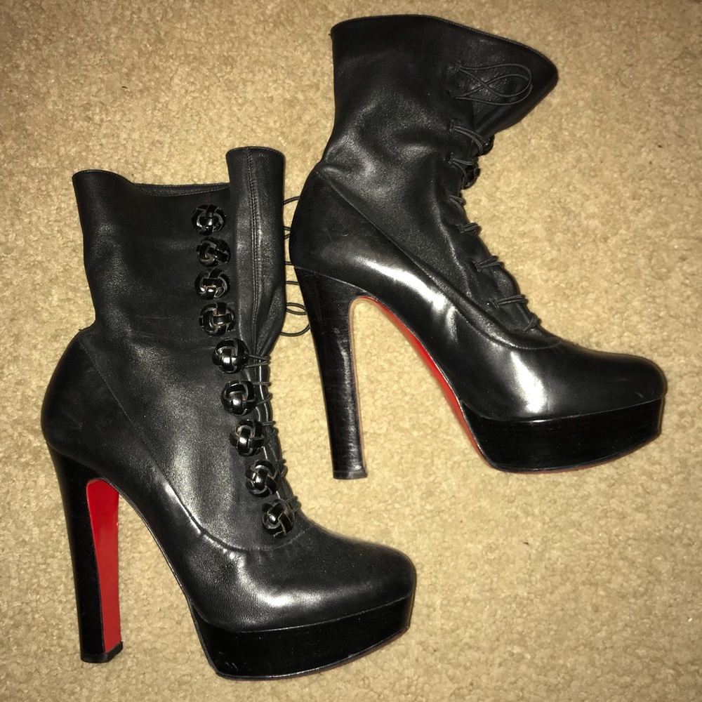Designer leather platform booties w/ Chinese knots